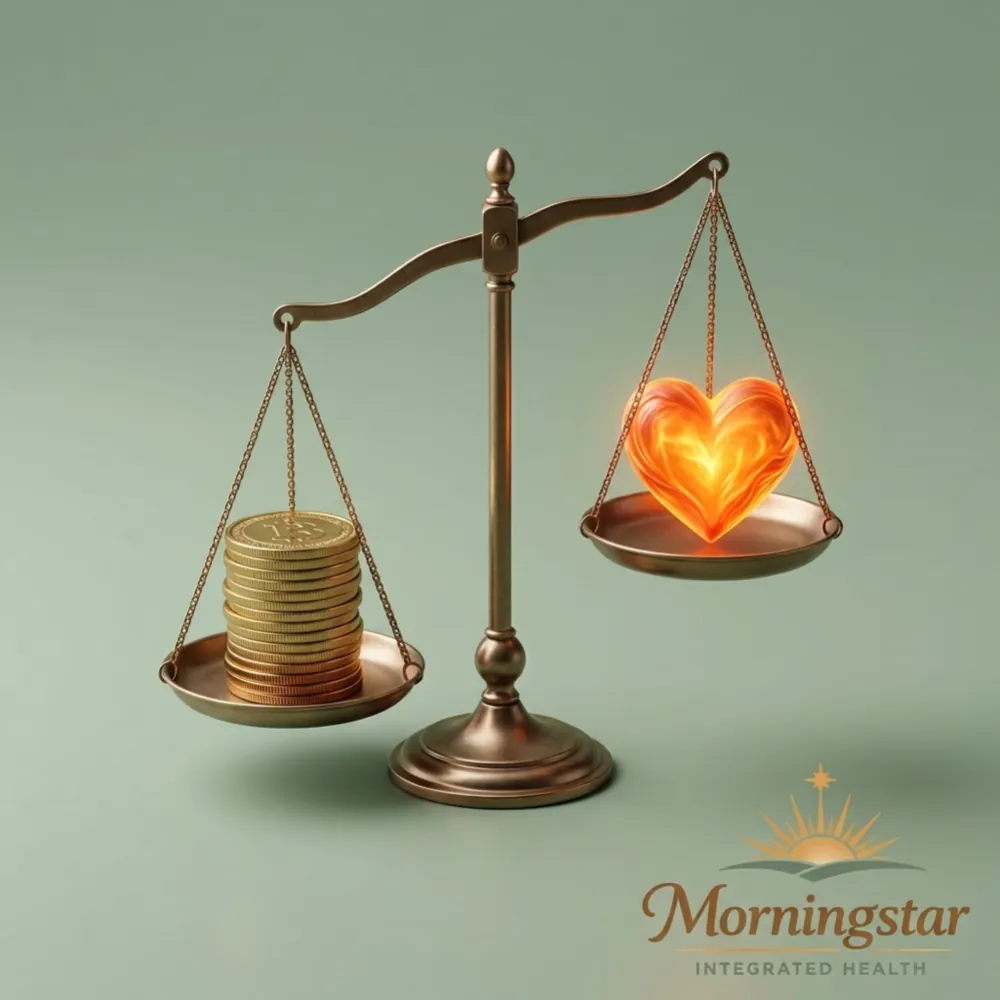 A balance scale weighing cost against compassionate care — the Morningstar concierge philosophy
