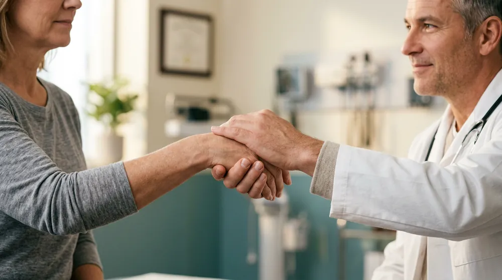 A nurse practitioner shaking hands with a patient